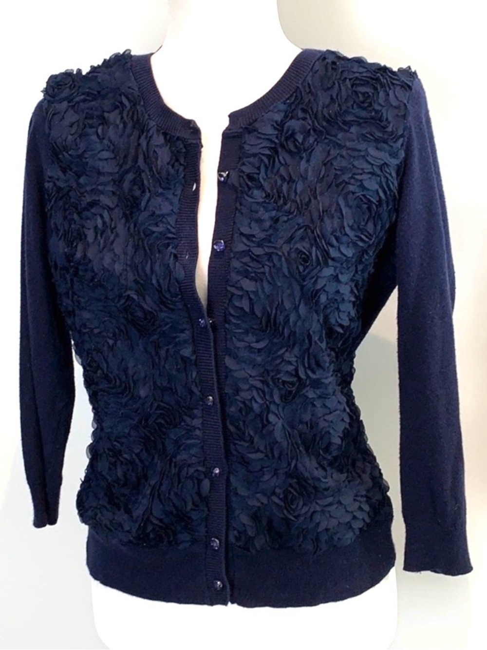 New York & Company Navy Floral Appliqué Cardigan